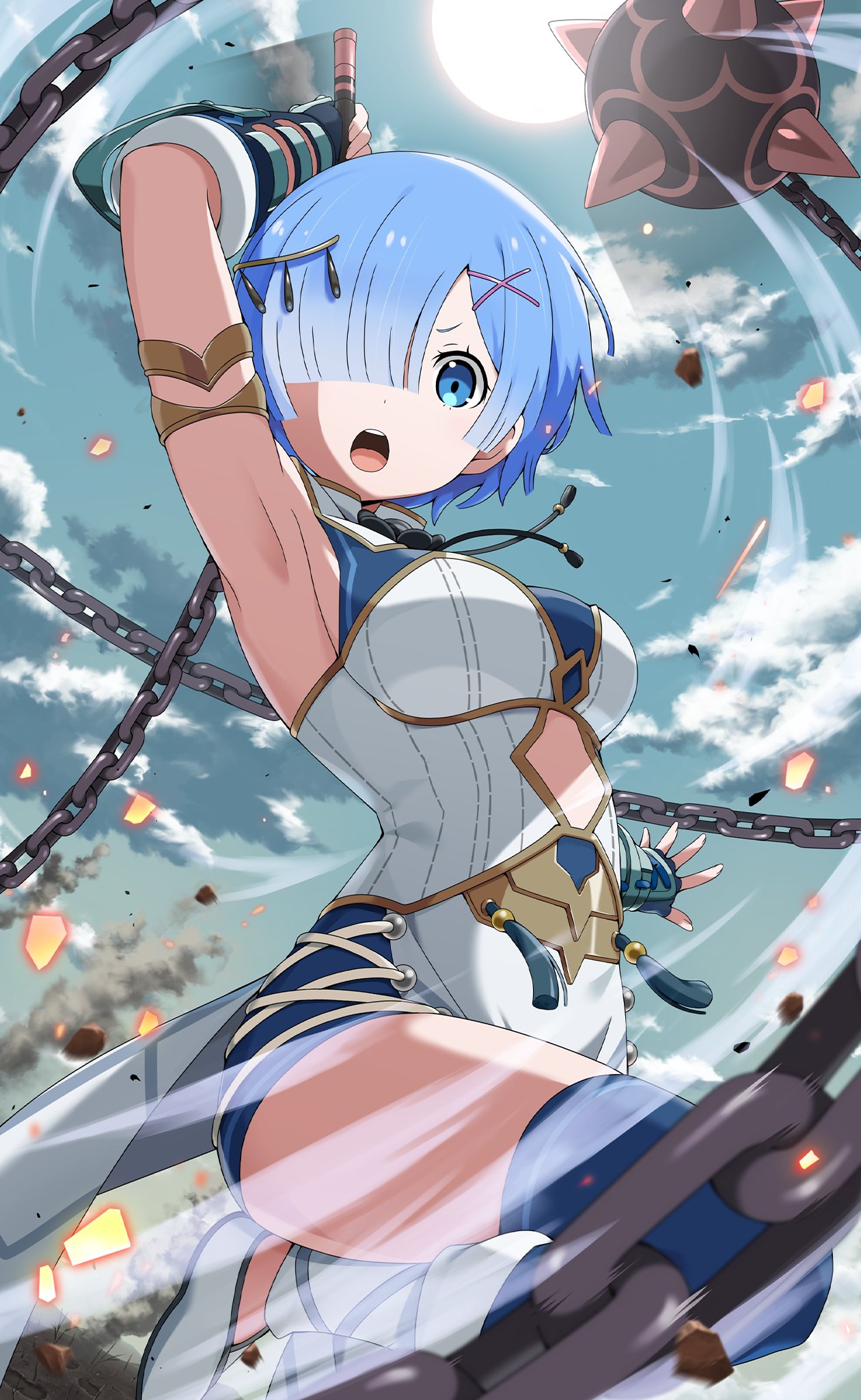 1girl, alternate_costume, armpits, ball_and_chain_(weapon), blue_eyes, blue_hair, blue_legwear, bodysuit