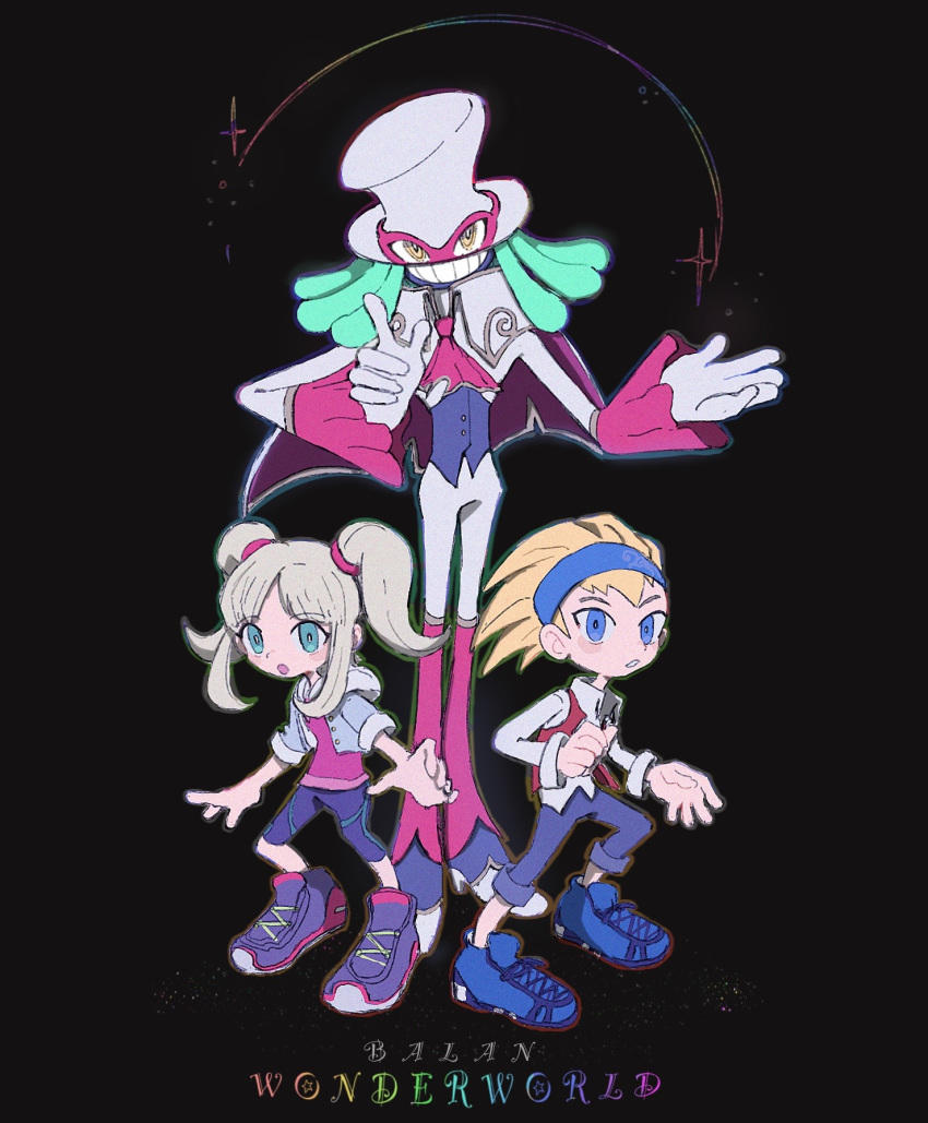 1girl, 2boys, aqua_hair, balan_(balan_wonderworld), balan_wonderworld, black_hair, blonde_hair, blue_footwear