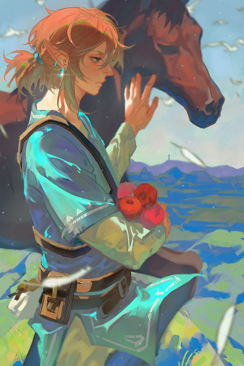 1boy, apple, belt, belt_pouch, bird, blonde_hair, blue_eyes, blue_shirt, blurry, chinese_commentary, commentary_request, cowboy_shot, depth_of_field, ear_piercing, earrings, expressionless, falling_feathers, feathers, food, from_side, fruit, fuyougantang, glint, hand_up, highres, holding, holding_food, holding_fruit, horse, jewelry, link, low_ponytail, male_focus, outdoors, piercing, pointy_ears, pouch, profile, shirt, short_hair, short_ponytail, shoulder_belt, sky, solo, the_legend_of_zelda, the_legend_of_zelda:_breath_of_the_wild