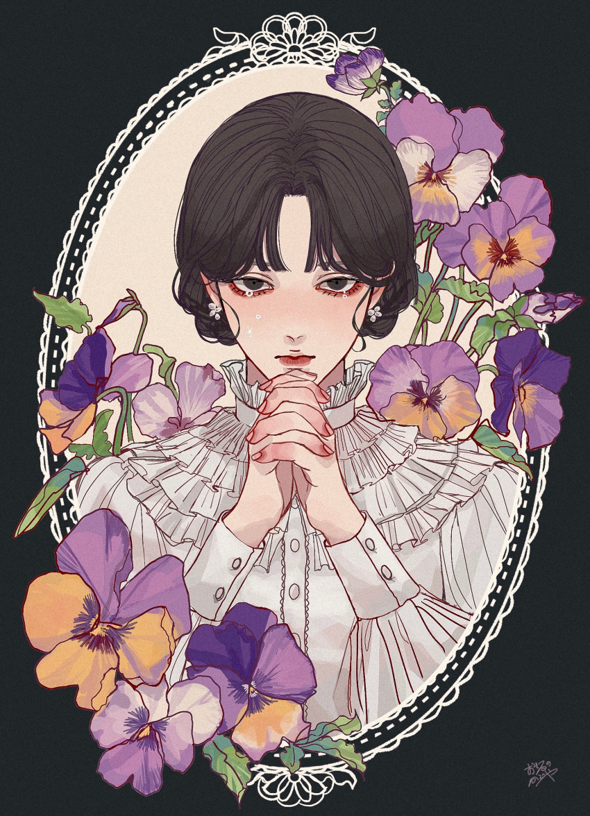 1girl, absurdres, bangs, black_eyes, black_hair, border, buttons, closed_mouth