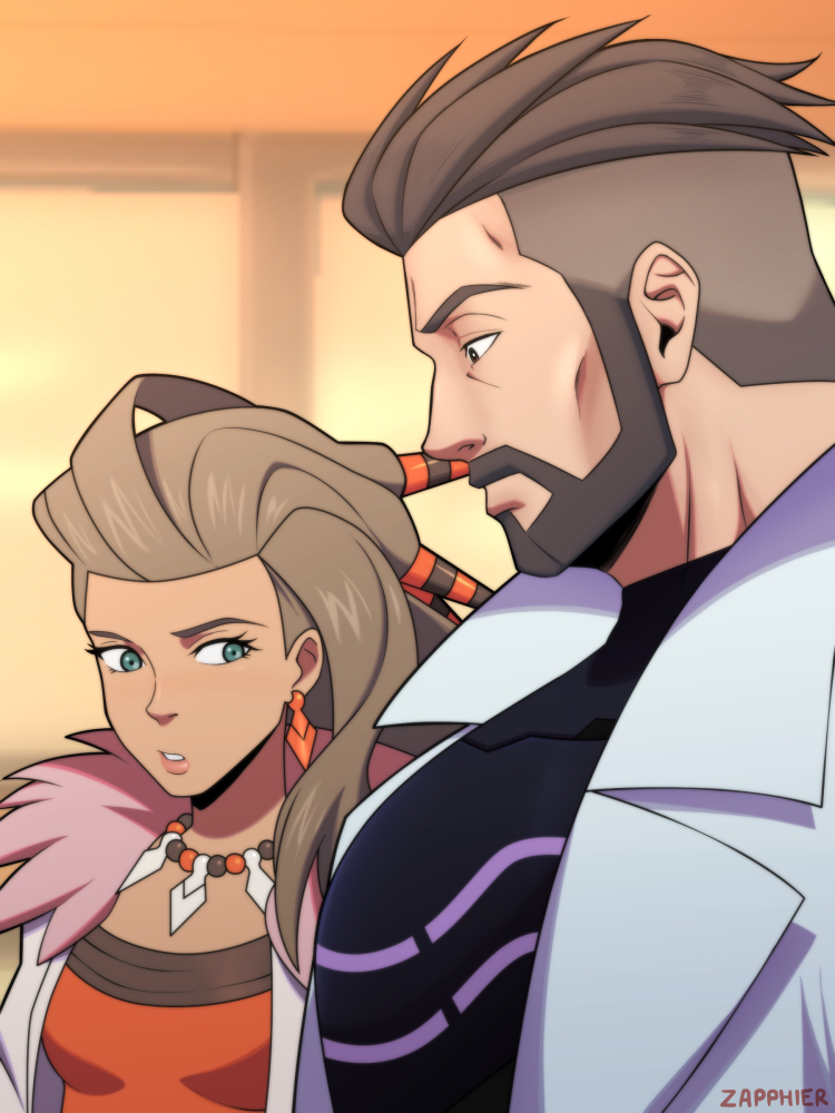 1boy, 1girl, artist_name, beard, black_bodysuit, bodysuit, closed_mouth, earrings, facial_hair, from_side, fur_trim, jewelry, labcoat, large_pectorals, long_hair, looking_at_another, meme, muscular, muscular_male, necklace, open_clothes, open_labcoat, parted_lips, pectoral_envy_(meme), pectoral_focus, pectorals, pokemon, pokemon_(game), pokemon_sv, professor_sada, professor_turo, sada_(pokemon), short_hair, turo_(pokemon), undercut, zapphier