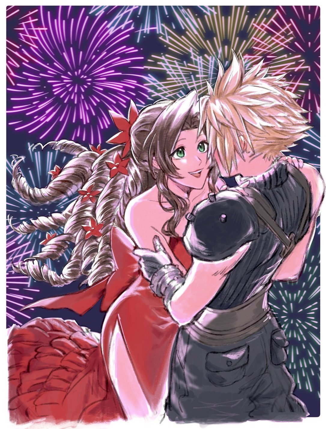 1boy, 1girl, aerith_gainsborough, armor, back_bow, baggy_pants, bangs, belt
