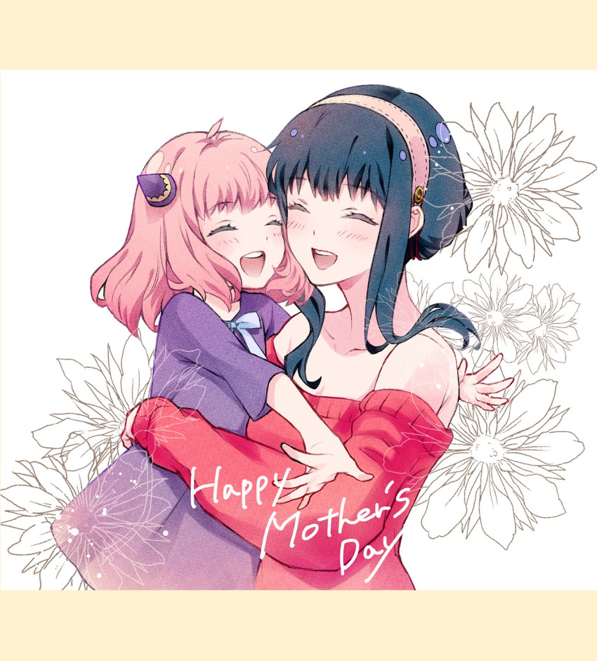 2girls, anya_(spy_x_family), bangs, bare_shoulders, black_hair, blush, child, collarbone, flower, hairband, highres, hug, long_hair, mother's_day, mother_and_daughter, multiple_girls, open_mouth, pink_hair, quichi_91, red_sweater, sidelocks, spy_x_family, sweater, yor_briar