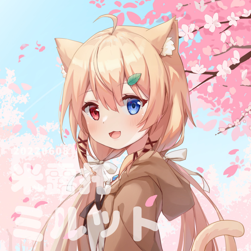 1girl, :3, :d, absurdres, ahoge, animal_ear_fluff, animal_ears, blonde_hair, blue_eyes, blue_sky, blush, bow, cat_ears, cat_girl, cat_tail, cherry_blossoms, eleven-sora, eyebrows_visible_through_hair, hair_bow, hair_ornament, hair_over_shoulder, hair_ribbon, heterochromia, highres, hood, hood_down, leaf_hair_ornament, long_hair, looking_at_viewer, low_twintails, open_mouth, original, outdoors, red_eyes, ribbon, sky, smile, solo, tail, tail_raised, twintails, white_bow, white_ribbon, x_hair_ornament