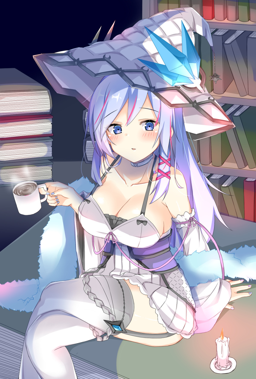1girl, blue_eyes, blue_hair, blush, book, breasts, cup, dot_nose