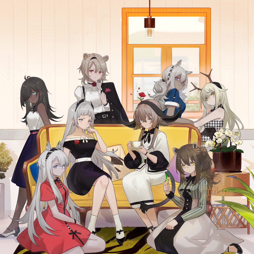 6+girls, absinthe_(arknights), alternate_costume, animal_ears, antlers, arknights, bangs, bare_shoulders