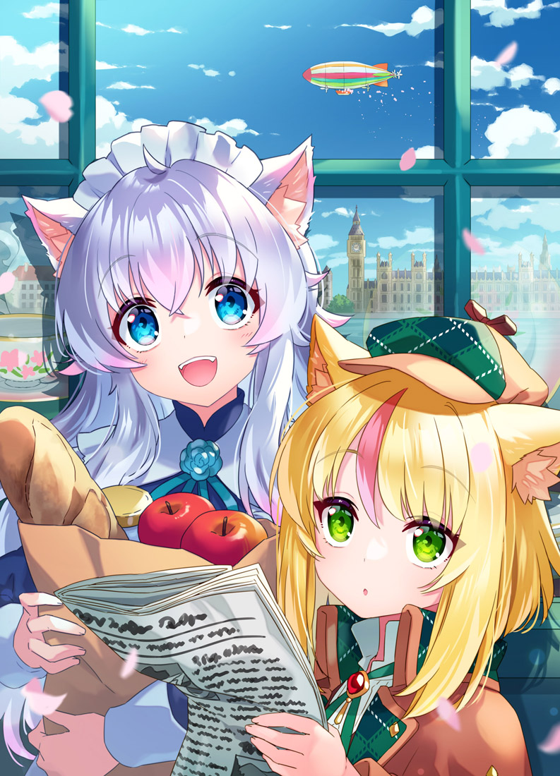 2girls, :d, :o, ahoge, animal_ear_fluff, animal_ears, apple, bag