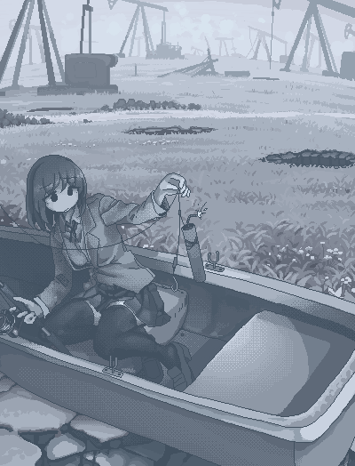 1girl, blazer, blue_theme, boat, closed_mouth, collared_shirt, dithering, dynamite