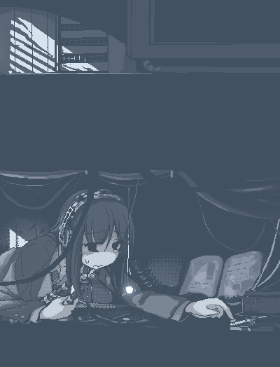 1girl, all_fours, blazer, blue_theme, book, cable, closed_mouth, collared_shirt, dithering, empty_eyes, eyebrows_visible_through_hair, hamsterfragment, headphones, holding, jacket, jaggy_lines, long_sleeves, medium_hair, monochrome, no_pupils, open_book, original, school_uniform, shirt, solo, suicidal_girl_(hamsterfragment), sweatdrop, telegraph, upper_body