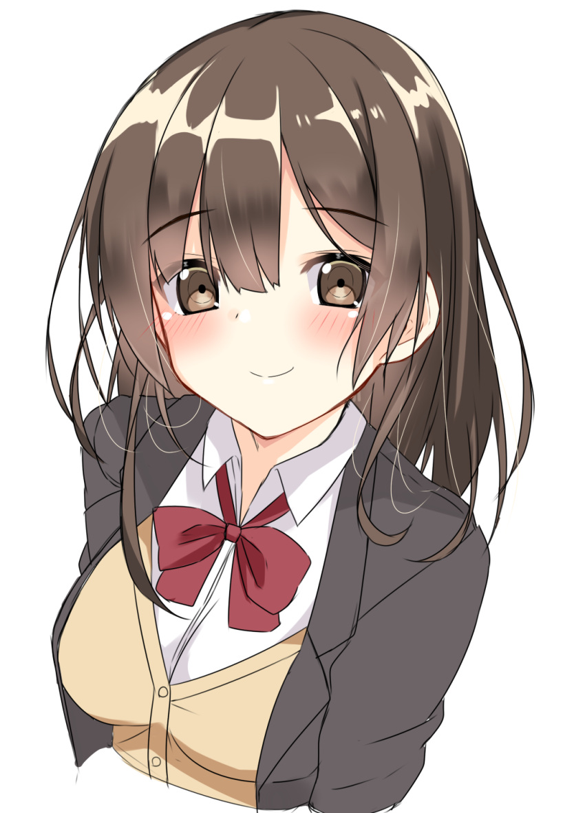 1girl, blush, brown_eyes, brown_hair, dot_nose, eyebrows_visible_through_hair, hige_wo_soru._soshite_joshikousei_wo_hirou., highres