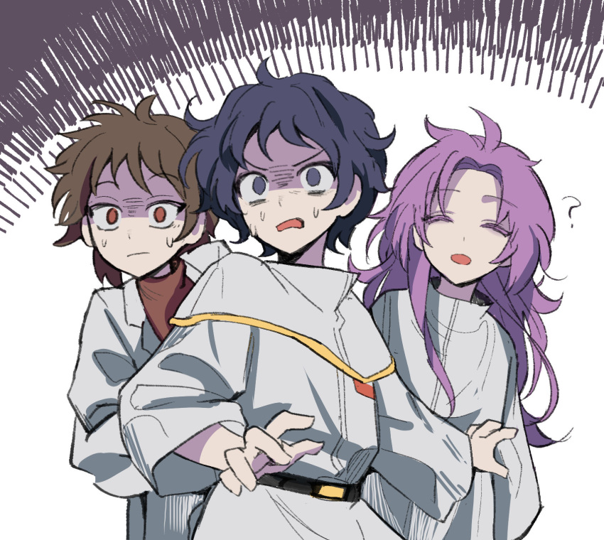 3boys, 7himebdgd, ?, belt, blue_eyes, blue_hair, brown_hair, capelet