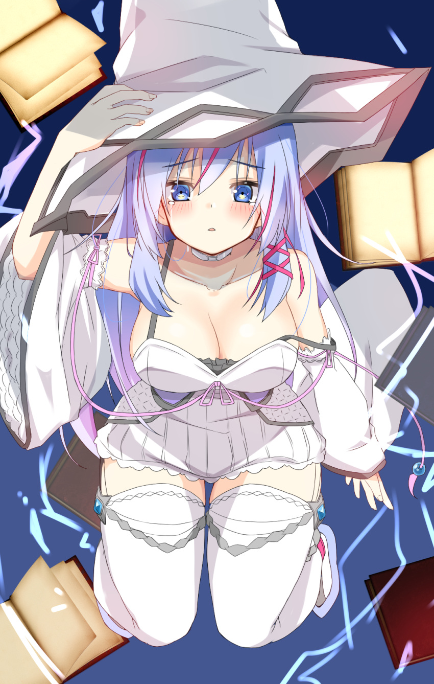 1girl, blue_eyes, blue_hair, blush, book, breasts, dot_nose, eyebrows_visible_through_hair