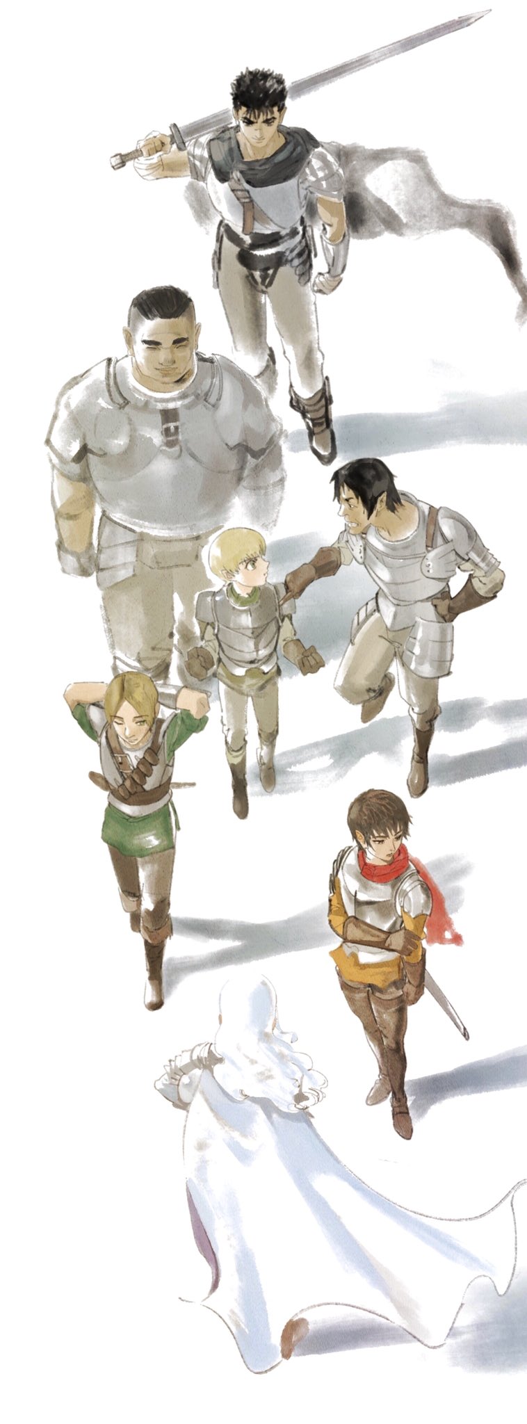 1girl, 6+boys, 7enn, arm_at_side, arm_wrap, armor, arms_at_sides, arms_behind_head