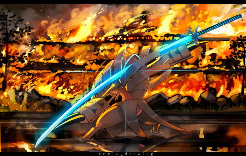 artist_name, claws, commentary_request, fire, full_body, glowing, glowing_sword, glowing_weapon, golisopod, highres, mario_(2669431), no_humans, outdoors, pokemon, pokemon_(creature), ripples, smoke, solo, standing, sword, water, weapon