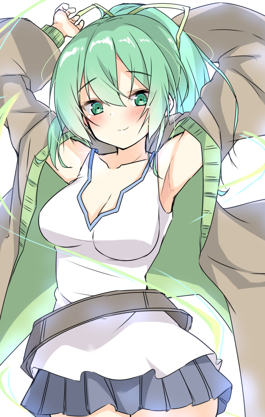 1girl, arms_up, blush, breasts, dot_nose, eyebrows_visible_through_hair, green_eyes, green_hair