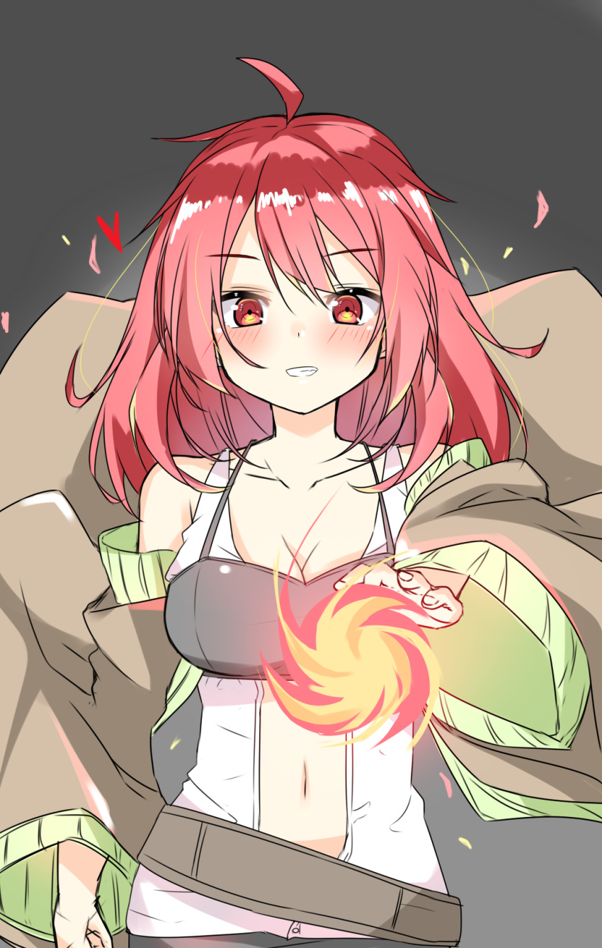 1girl, ahoge, blush, breasts, dot_nose, grey_background, highres, hiita_the_fire_charmer