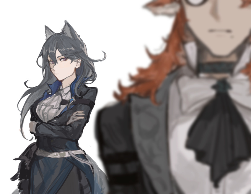 1boy, 1girl, animal_ears, arknights, ascot, belt, black_ascot, black_hair, black_jacket, black_legwear, blurry, blurry_foreground, breasts, cat_ears, closed_mouth, collar, cowboy_shot, crossed_arms, czerny_(arknights), depth_of_field, eyebrows_visible_through_hair, gertrude_(arknights), highres, infection_monitor_(arknights), jacket, long_hair, long_sleeves, medium_breasts, mole, mole_under_eye, pantyhose, pelvic_curtain, redhead, shirt, v-shaped_eyebrows, white_ascot, white_shirt