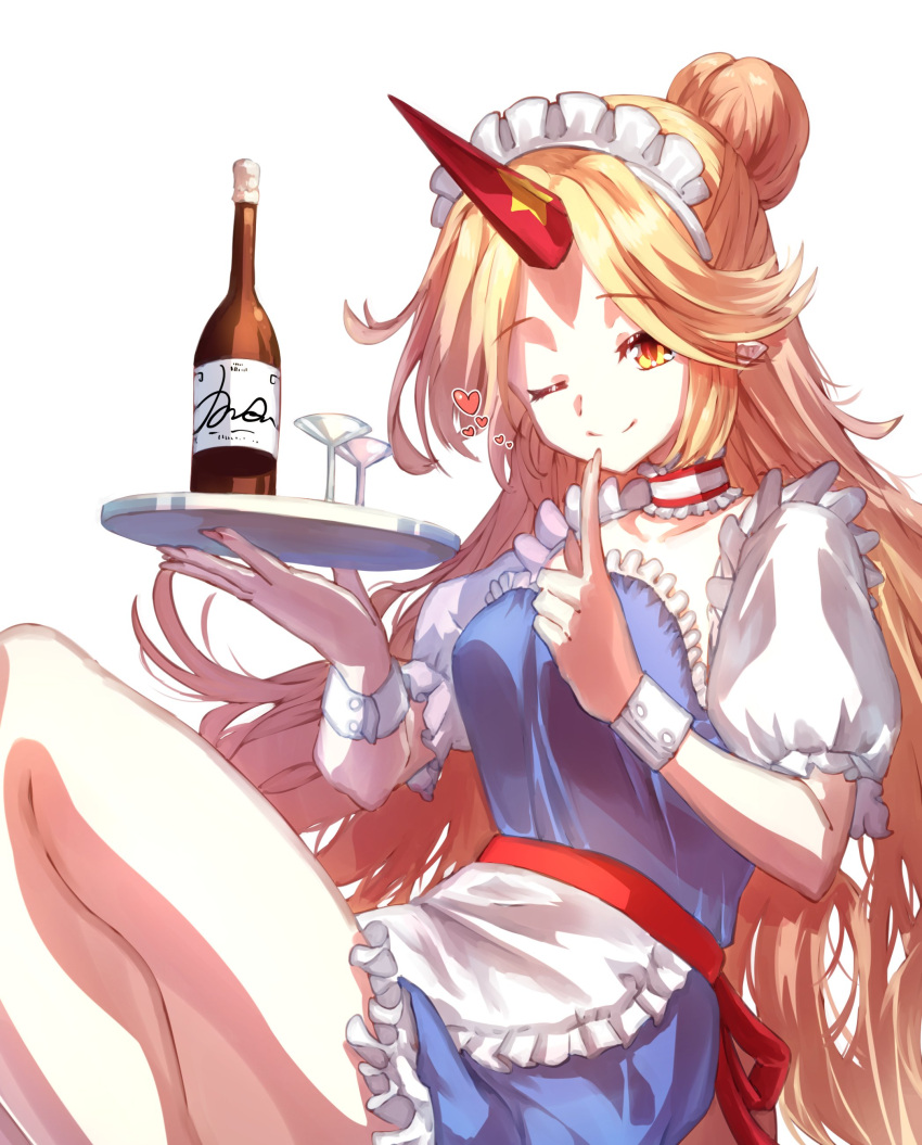1girl, ;), absurdres, alternate_costume, apron, blonde_hair, choker, cuffs