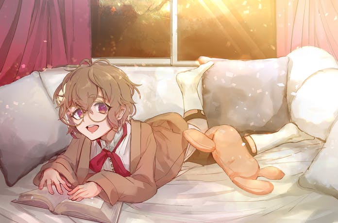 1boy, book, brown_hair, commission, ghostcrown, glasses, looking_at_viewer, lying