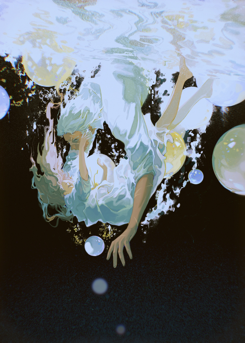 1boy, 1girl, absurdres, air_bubble, asphyxiation, bangs, barefoot, beard