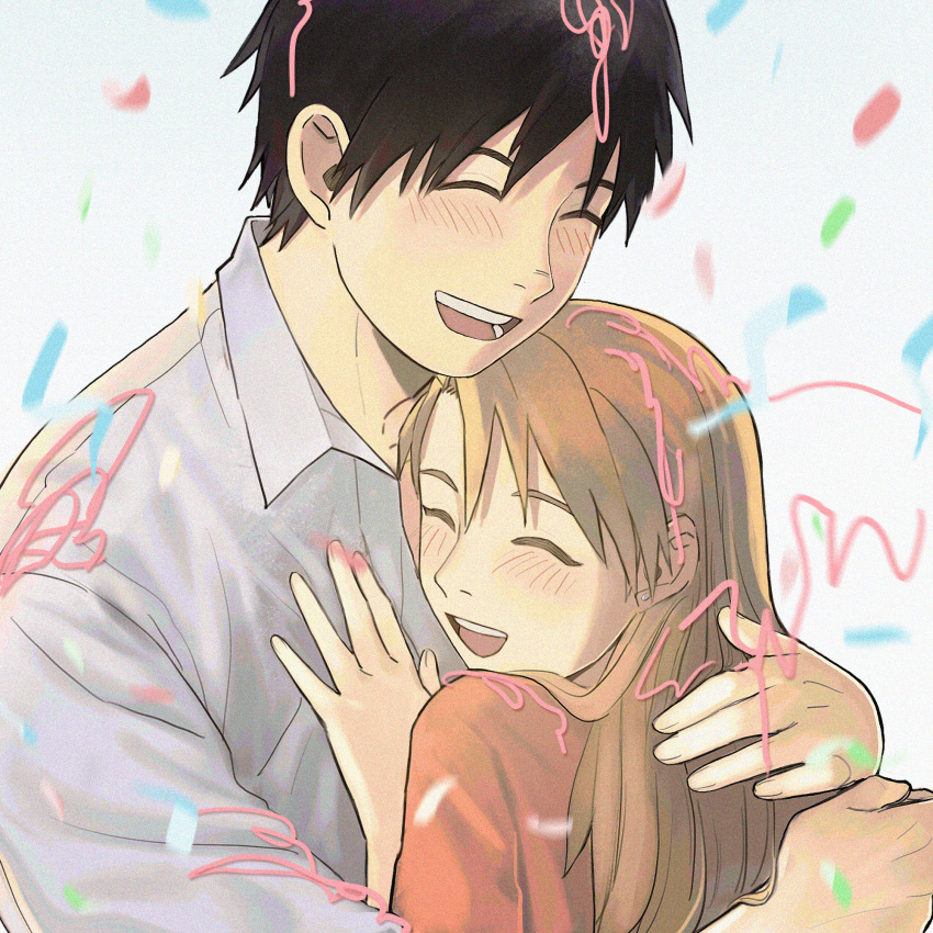 1boy, 1girl, ^_^, bangs, black_hair, blonde_hair, blush, casual