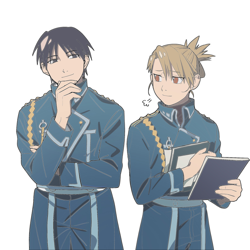 1boy, 1girl, aiguillette, bangs, black_eyes, black_hair, blonde_hair, book, brown_hair, cowboy_shot, doya, folded_ponytail, fullmetal_alchemist, hand_up, head_tilt, highres, holding, holding_book, long_sleeves, looking_at_another, looking_away, looking_to_the_side, riza_hawkeye, roy_mustang, short_hair, sideways_glance, sigh, simple_background, smile, smirk, updo, white_background