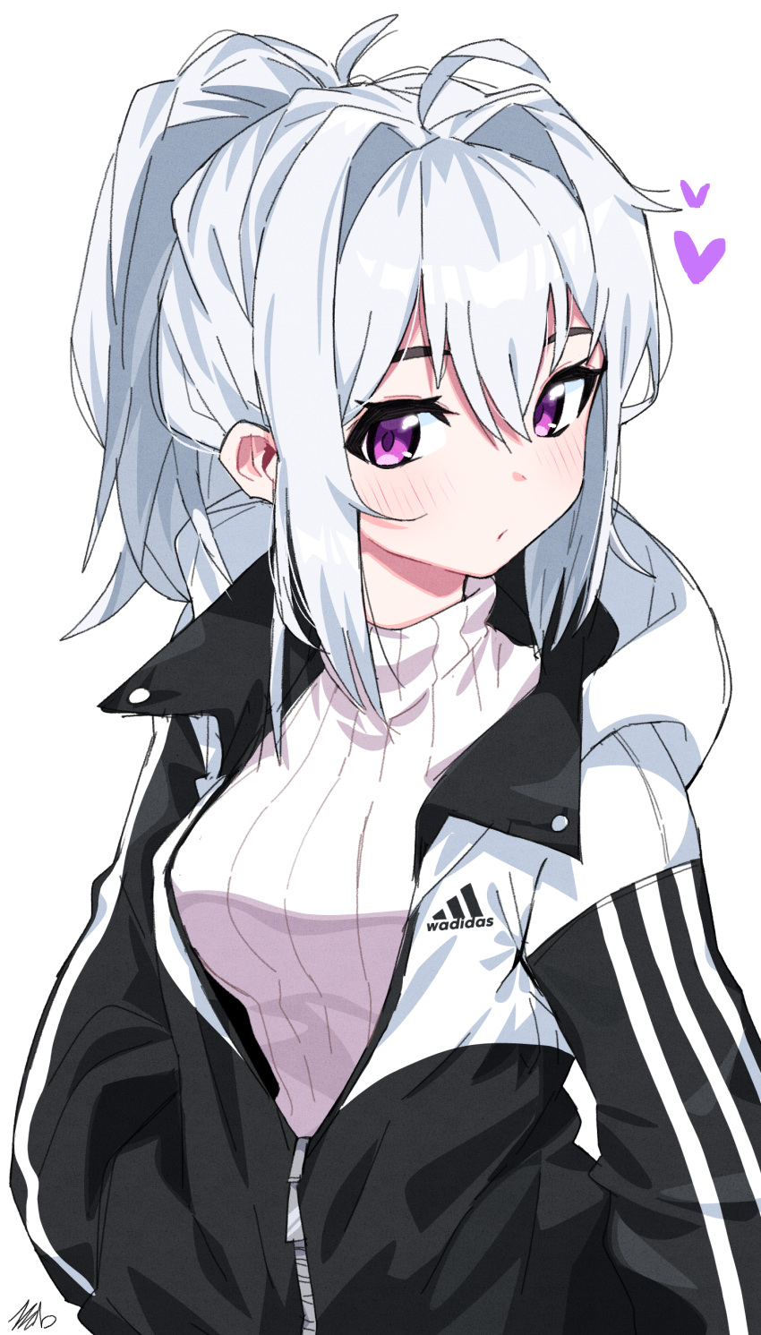 1girl, absurdres, adidas, ahoge, bangs, black_jacket, blush, brand_name_imitation