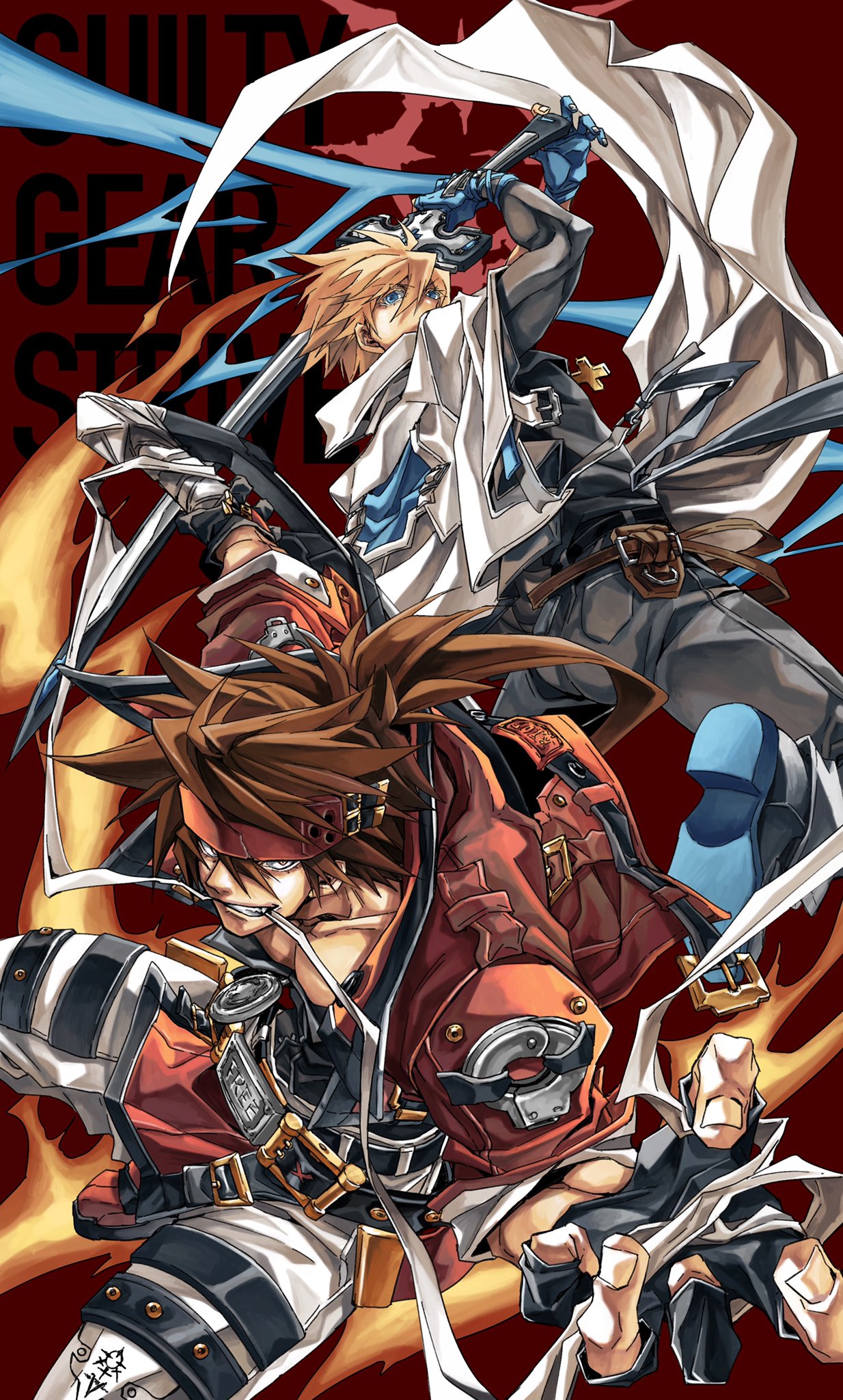 2boys, bangs, belt, blonde_hair, blue_eyes, brown_eyes, brown_hair, collarbone