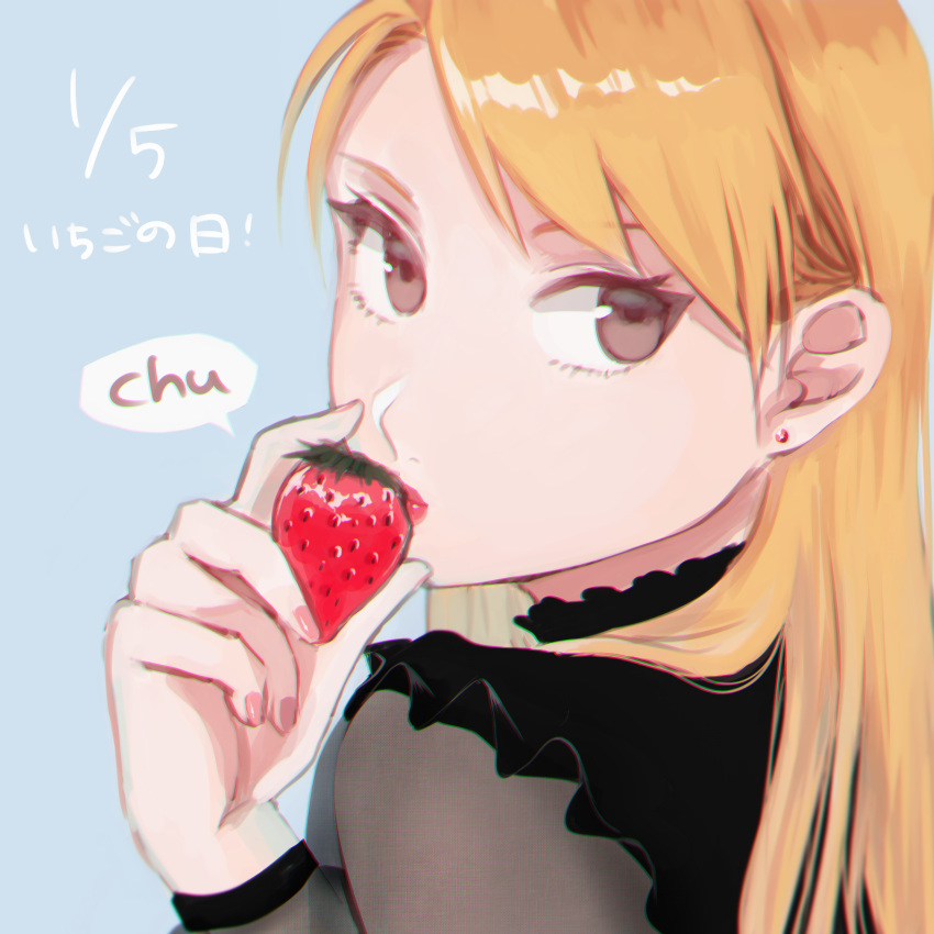 1boy, 1girl, bangs, blonde_hair, blue_background, brown_eyes, dated, earrings