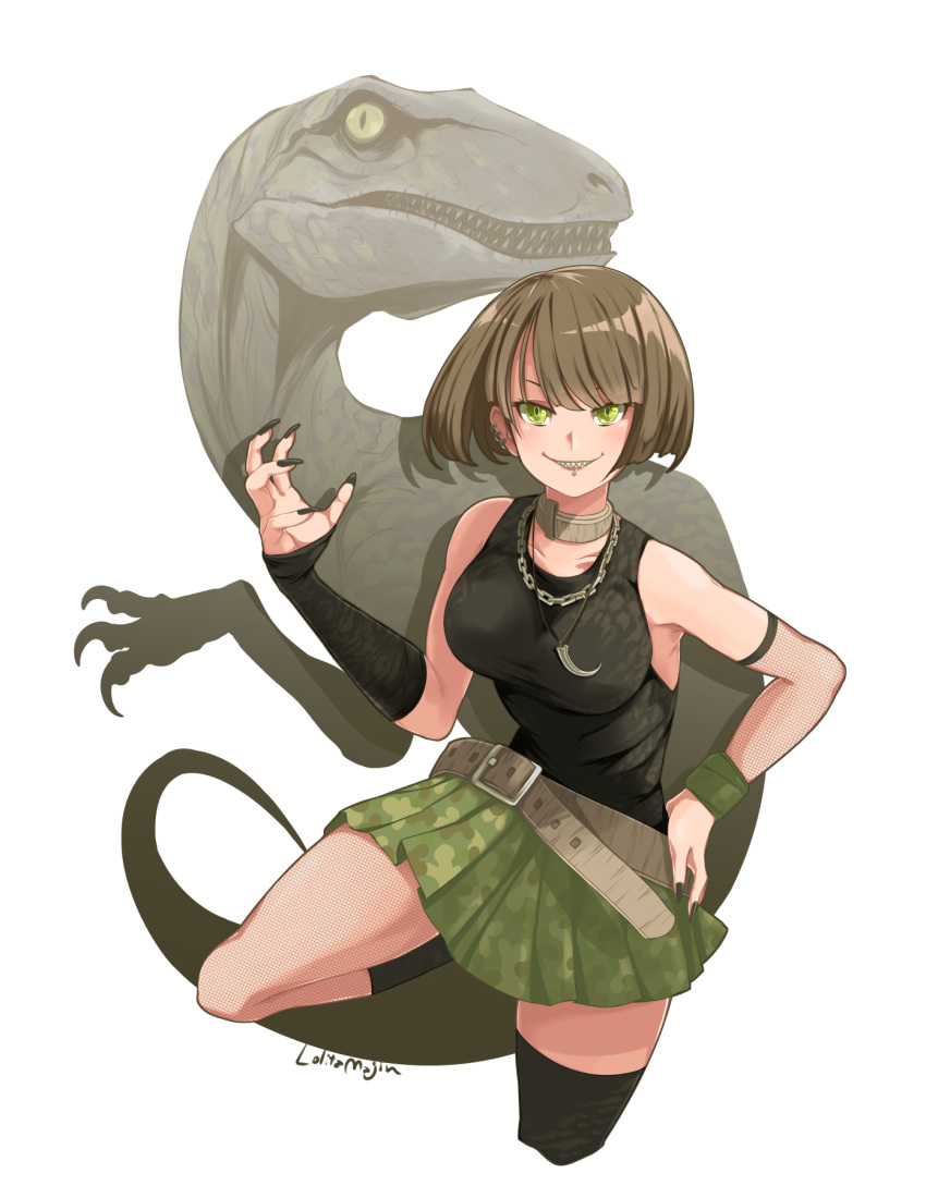 1girl, asymmetrical_legwear, belt, black_legwear, black_nails, black_shirt, breasts, brown_belt
