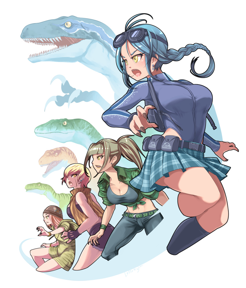 4girls, black_gloves, black_nails, blonde_hair, blue_hair, blue_leotard, blue_skirt, braid