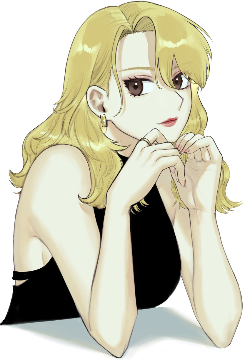 1girl, bangs, bare_shoulders, blonde_hair, breasts, brown_eyes, closed_mouth, dress