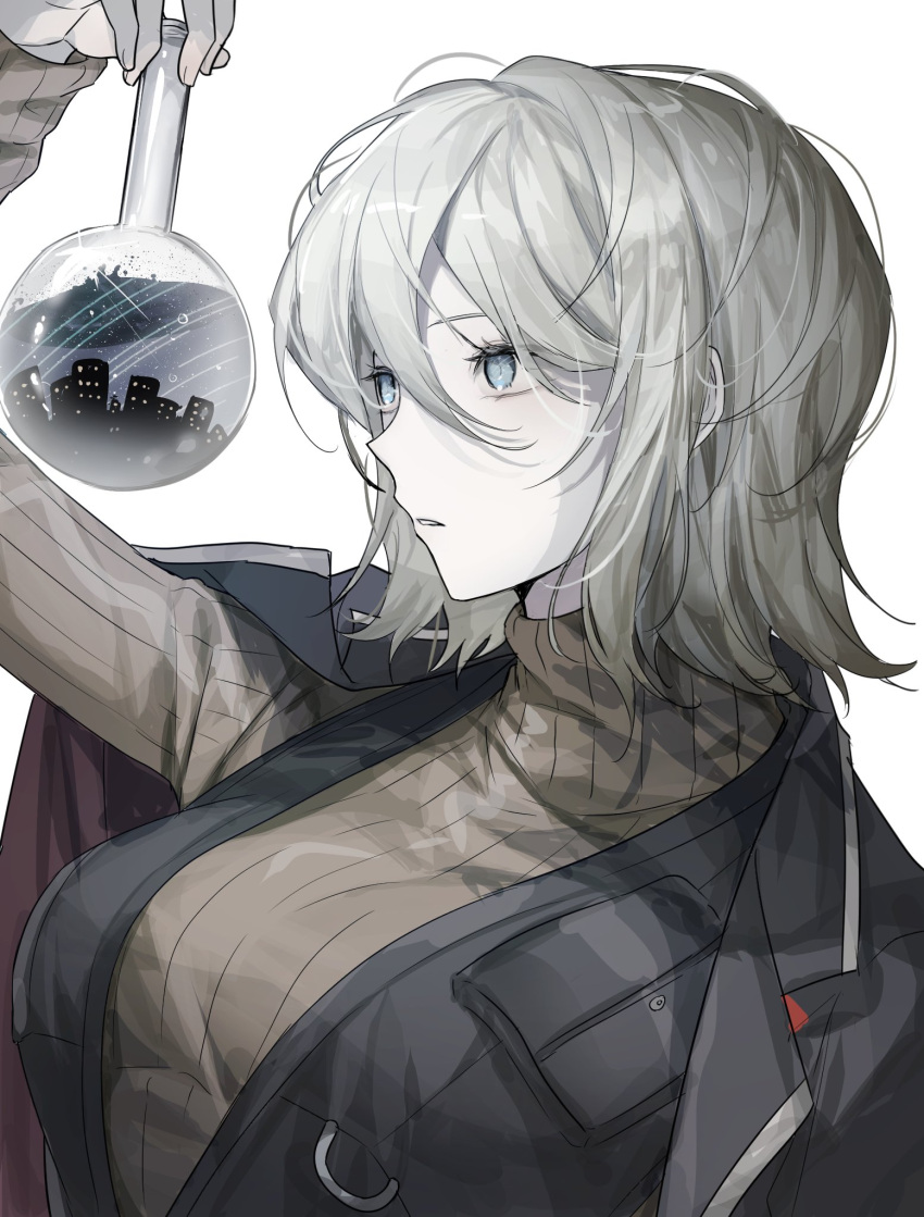 1girl, black_coat, black_vest, blue_eyes, breasts, coat, coat_on_shoulders, faust_(limbus_company), highres, holding, large_breasts, limbus_company, medium_hair, project_moon, scientist, sweater, tkylv1683, vest, white_background, white_hair