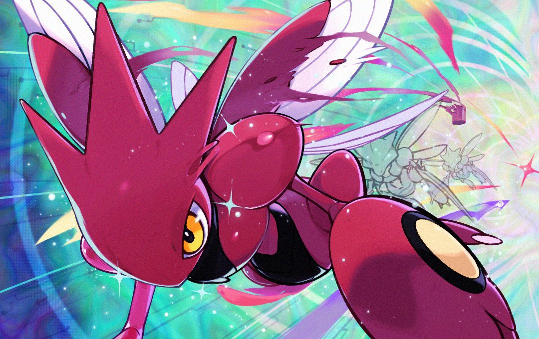 commentary_request, evolutionary_line, flying, horns, motion_blur, no_humans, pincers, pokemon, pokemon_(creature), scizor, scyther, sparkle, u_tei, yellow_eyes