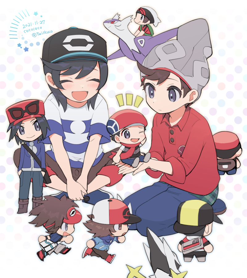 6+boys, :d, arceus, artist_name, bangs, baseball_cap, beanie, black_hair