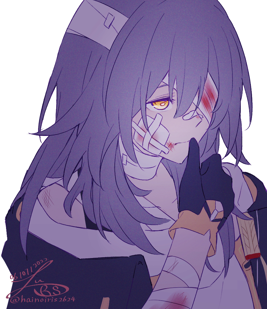 1girl, bandaged_arm, bandaged_head, bandaged_neck, bandages, bandaid, bandaid_on_face, bandaid_on_nose