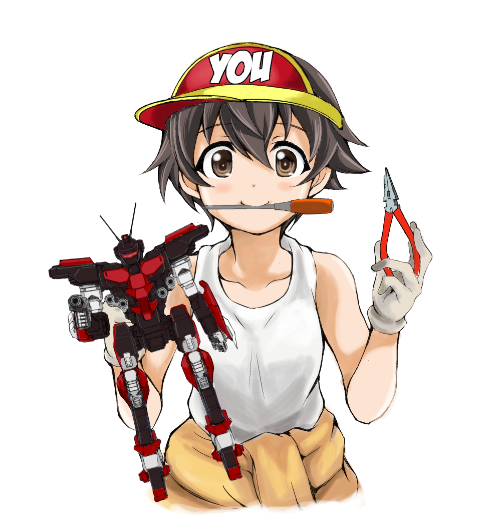 1girl, bangs, brown_eyes, brown_hair, closed_mouth, clothes_around_waist, clothes_writing, commentary_request