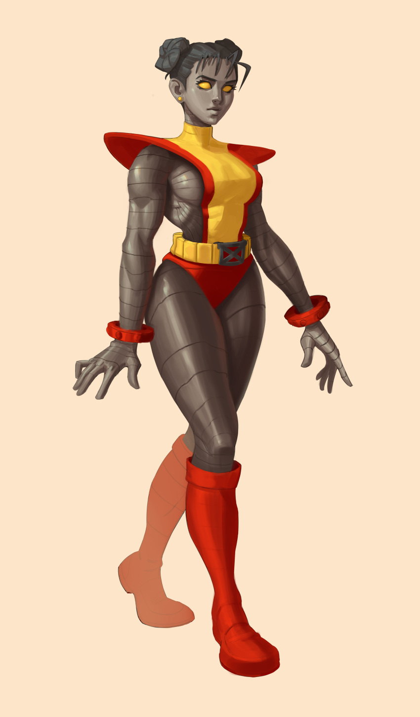 1girl, absurdres, antenna_hair, belt, belt_buckle, black_hair, boots, breasts, buckle, chun-li, colossus_(x-men), double_bun, earrings, english_commentary, full_body, fusion, gym_shorts, hair_bun, highres, jewelry, knee_boots, long_legs, medium_breasts, metal_skin, muscular, muscular_female, no_pupils, pedro_ferrer, red_footwear, red_shorts, shorts, shoulder_pads, sideboob, solid_eyes, solo, stud_earrings, studded_bracelet, superhero, walking, yellow_eyes