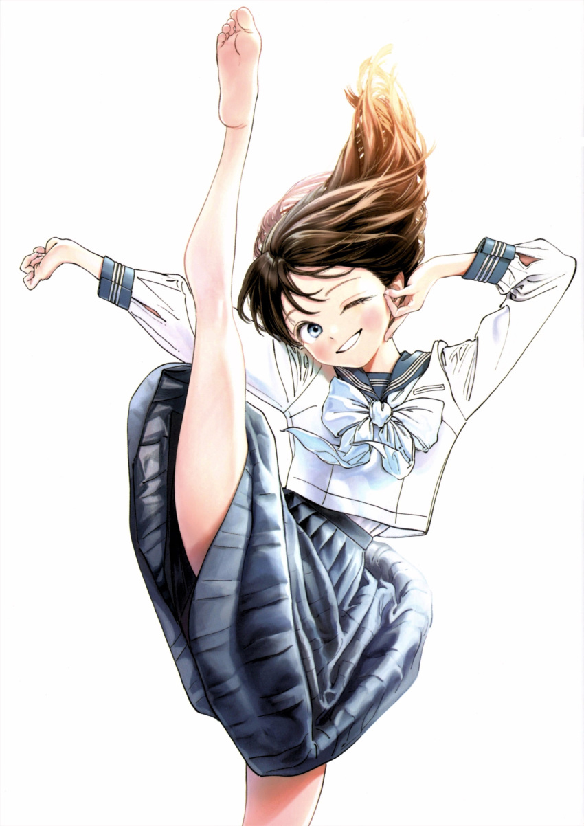 1girl, absurdres, akebi-chan_no_serafuku, akebi_komichi, arms_up, bad_link, barefoot, blue_eyes