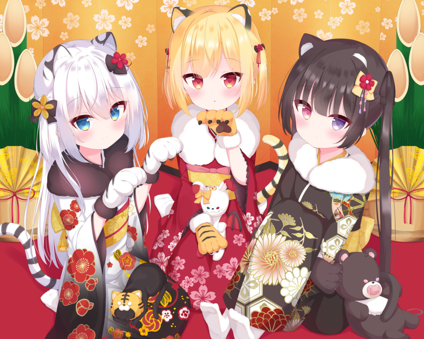 3girls, animal, animal_ears, animal_hands, animal_on_lap, bamboo, bangs, black_cat