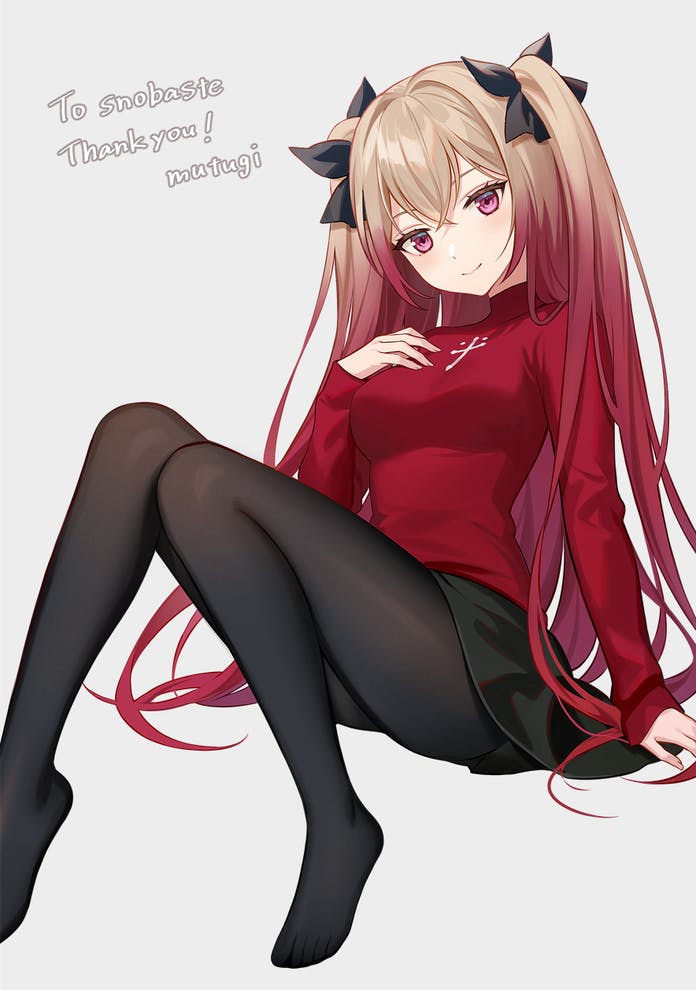 1girl, blonde_hair, breasts, commission, cosplay, cyberlive, hair_ribbon, iekushi_chapipi, lazuri7, long_hair, long_sleeves, looking_at_viewer, multiple_girls, pantyhose, pink_eyes, pink_hair, red_shirt, ribbon, shirt, skeb_commission, skirt, solo, sweater, tohsaka_rin, tohsaka_rin_(cosplay), turtleneck, turtleneck_sweater, twintails, virtual_youtuber, white_background