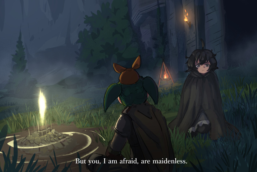 2girls, ahoge, arm_rest, armor, black_cloak, black_hair, black_legwear, blind_girl_(popopoka), bob_cut, brazier, cape, cliff, cloak, commentary, commission, dark, elden_ring, english_commentary, facing_away, facing_viewer, fire, furrowed_brow, glowing, grass, green_hair, grey_eyes, hat, highres, jean_bomjan, kneeling, messy_hair, monogatari_(series), multiple_girls, night, ononoki_yotsugi, orange_headwear, original, outdoors, pine_tree, short_hair, sitting, stone_wall, subtitled, tree, twintails, wall