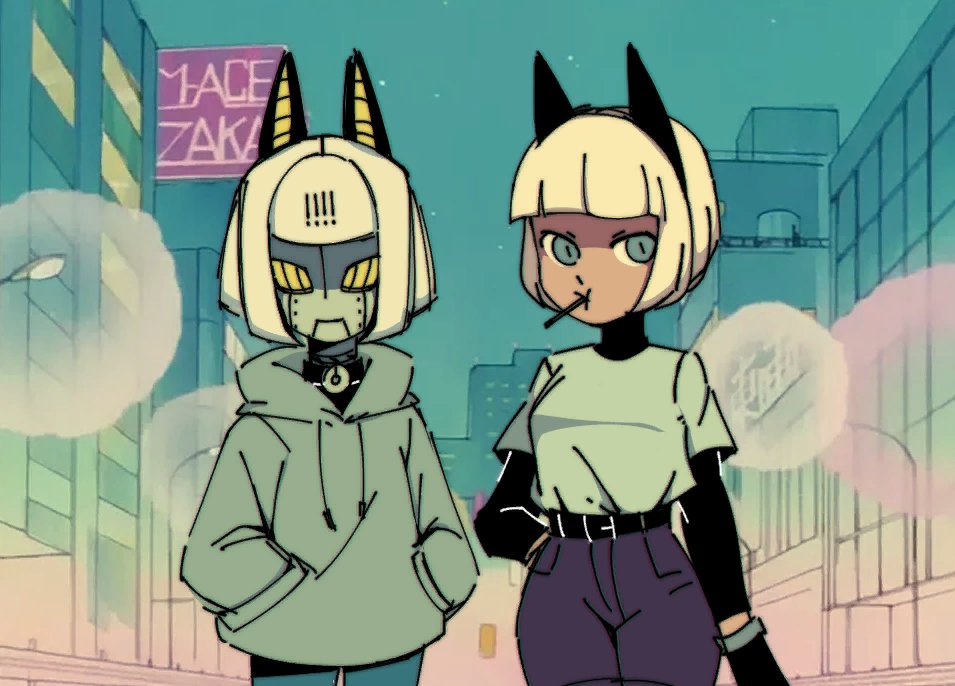 1990s_(style), 2girls, animal_ears, bad_link, bangs, blue_eyes, cat_ears, firemauer