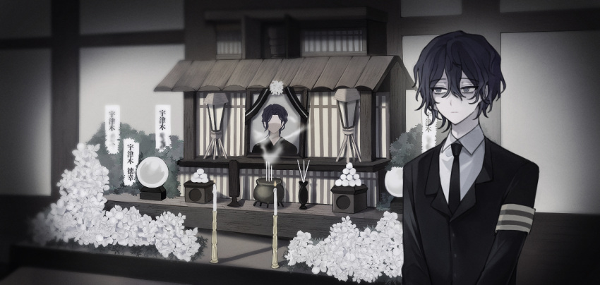 1boy, :|, armband, black_jacket, black_necktie, blue_hair, buttons, candle, closed_mouth, collared_shirt, colored_skin, commentary, eyebrows_visible_through_hair, eyes_visible_through_hair, faceless, flower, formal, funeral, grey_eyes, hair_between_eyes, iei, indoors, ino_(1hjzuy), jacket, long_sleeves, necktie, saibou_shinkyoku, shirt, short_hair, solo, suit, suit_jacket, utsugi_noriyuki, utsugi_rangiri, white_flower, white_shirt, white_skin