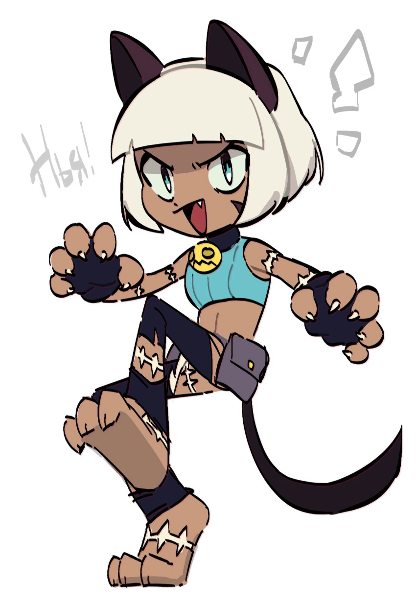 1girl, animal_ears, bad_link, cat_ears, cat_girl, chibi, dark_skin, firemauer, highres, looking_at_viewer, ms._fortune_(skullgirls), open_mouth, short_hair, simple_background, skullgirls, smile, solo, white_background, white_hair