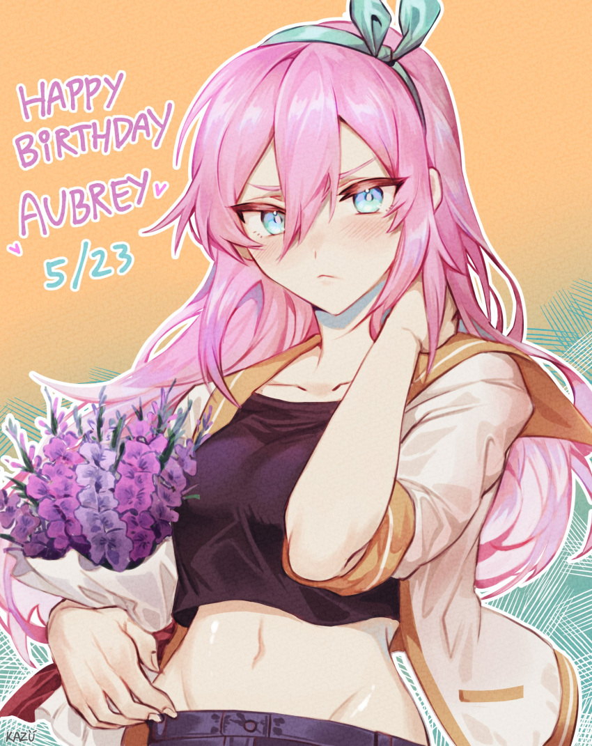 1girl, absurdres, aqua_bow, aqua_eyes, aubrey_(omori), bouquet, bow, crop_top