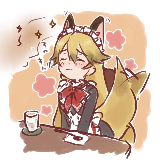 1girl, afterimage, alternate_costume, animal_ears, apron, black_dress, blush, bow