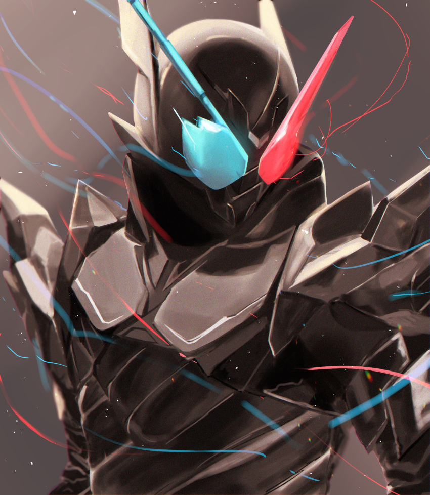 1boy, armor, black_armor, black_background, blue_eyes, cino-momo, hazard_trigger, heterochromia, highres, kamen_rider, kamen_rider_build, kamen_rider_build_(series), male_focus, profile, rabbit+tank_form_(black_hazard), red_eyes, solo, tokusatsu