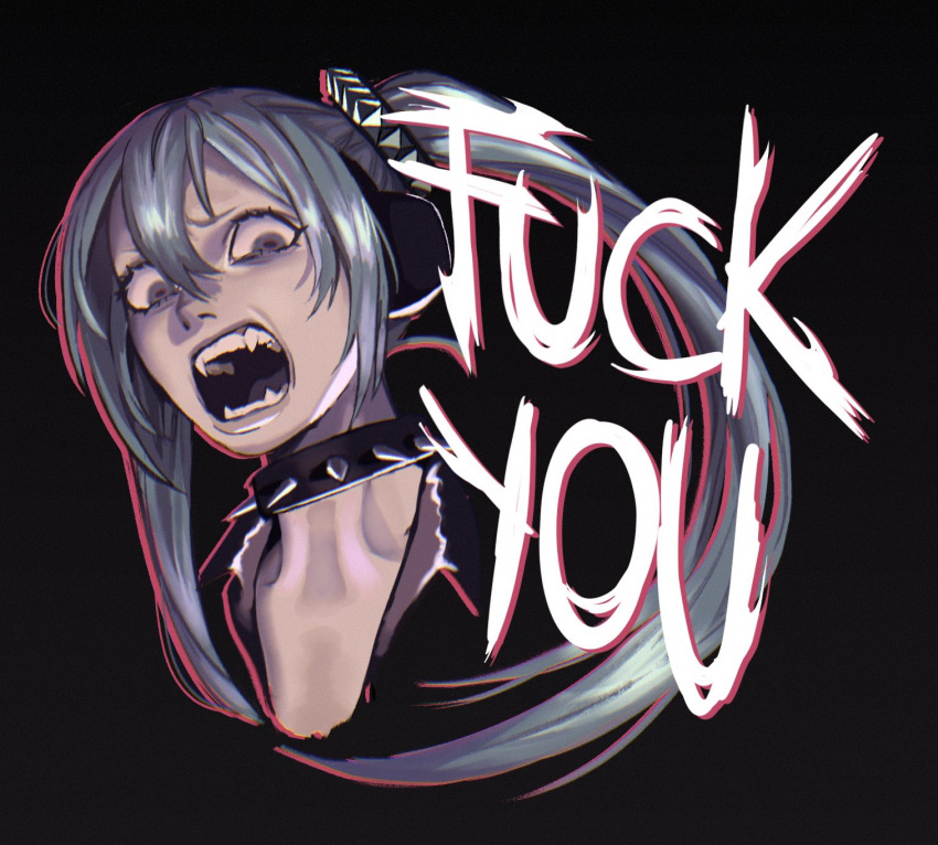 1girl, aqua_hair, bangs, black_background, black_jacket, collar, cropped_shoulders, english_commentary, english_text, fangs, grey_eyes, hair_between_eyes, hair_ornament, hatsune_miku, headphones, highres, jacket, leather, leather_jacket, long_hair, looking_at_viewer, open_mouth, parody, profanity, simple_background, snickerdooble, solo, spiked_collar, spikes, style_parody, twintails, vocaloid