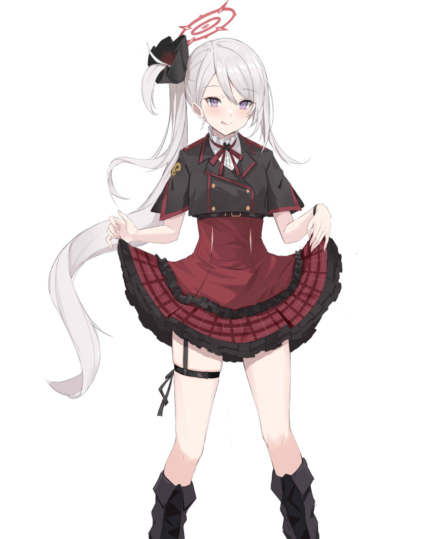 1girl, :q, absurdres, bangs, blue_archive, boots, clothes_lift, commentary_request